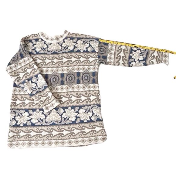 Express Vintage Women’s Oversized Long Sleeve Beige Teal Patterned Sweater Sz S - Picture 4 of 10